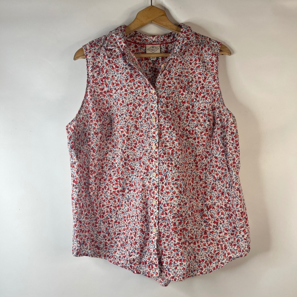 St. John's Bay Sleeveless Shirt Women 1X Red White Blue Floral Button Up Cotton